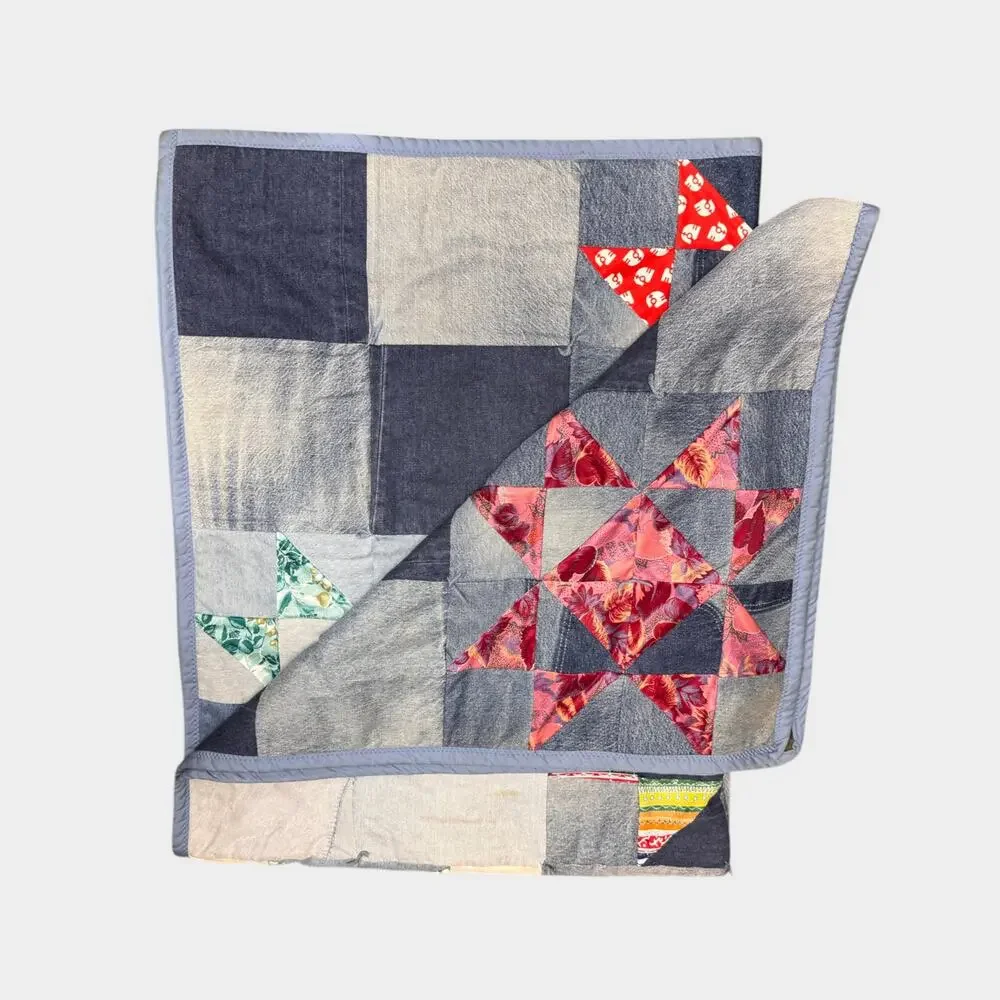 Vtg Handmade Quilt y2k Denim and Cotton 54”x70” Multicolor 8 Pointed Star
